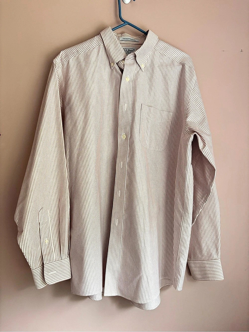 L.L.Bean Wrinkle-Resistant Oxford Shirt Candy Stripe Men's Pale Red & White XL